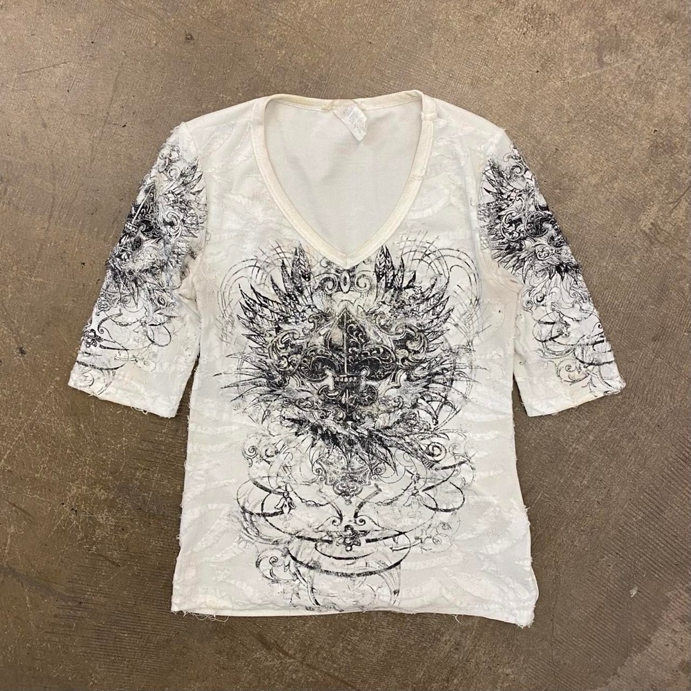 Vintage Y2K Womens Skate Grunge Fleur De Lis V-Neck Shirt Size Medium